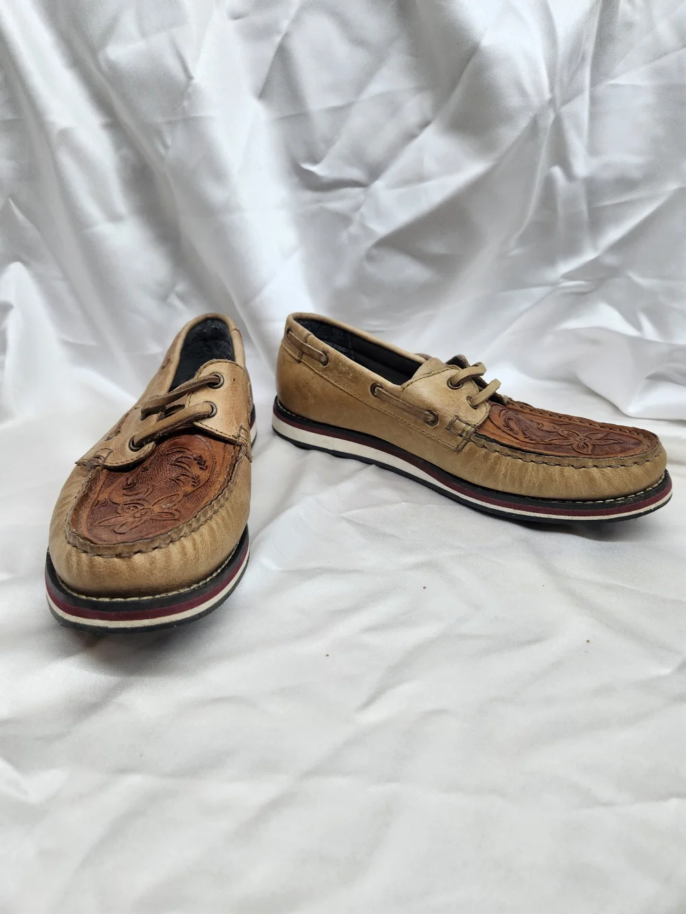 Roper Two-Tone Floral Embossed Leather Boat Shoes - Tan/Brown